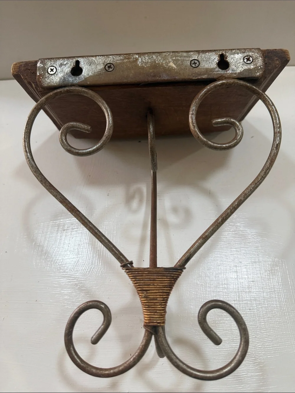 Brown Solid Wood and Metal Wall Shelf with Decorative Scroll Bracket Vintage